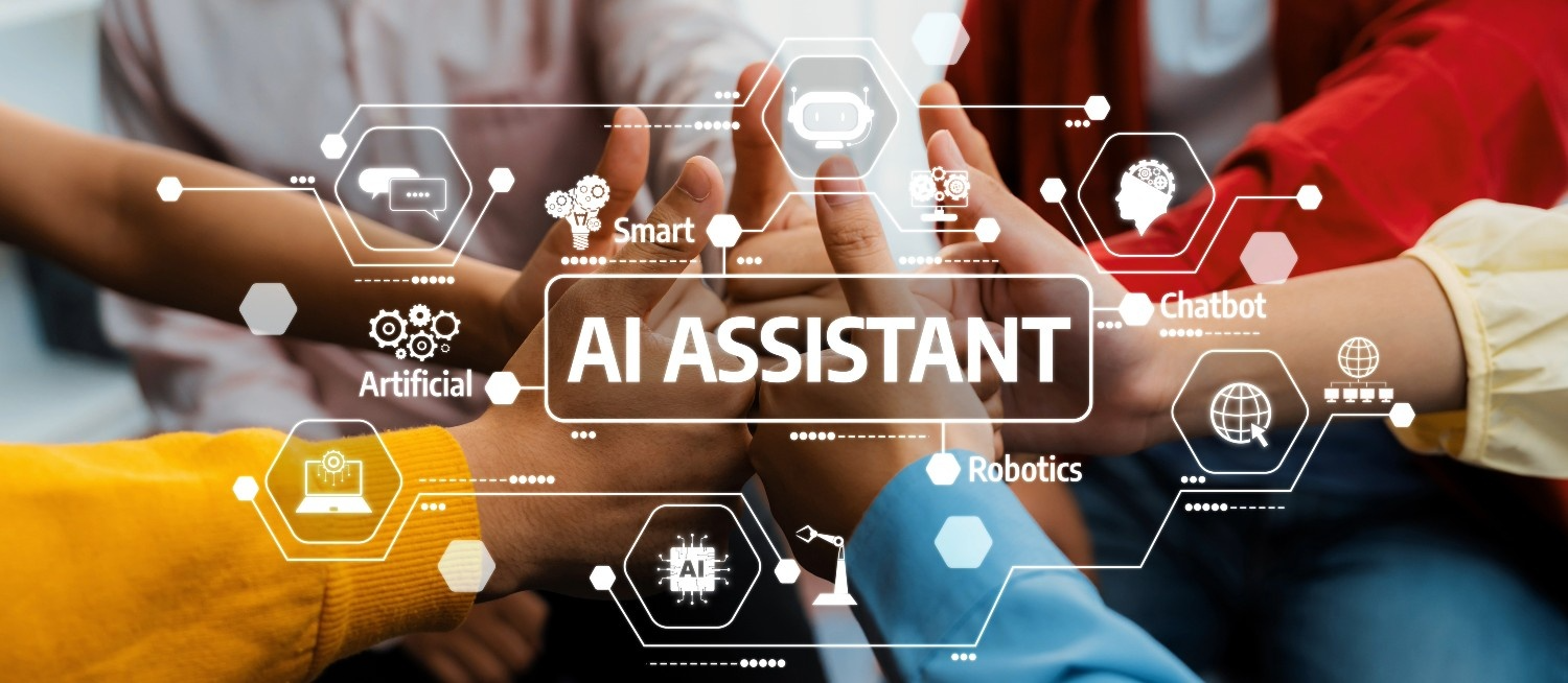 Diverse hands reach together symbolizing collaboration toward an AI-driven future, showcasing the significance of smart technology, chatbots, and robotics in modern workplaces