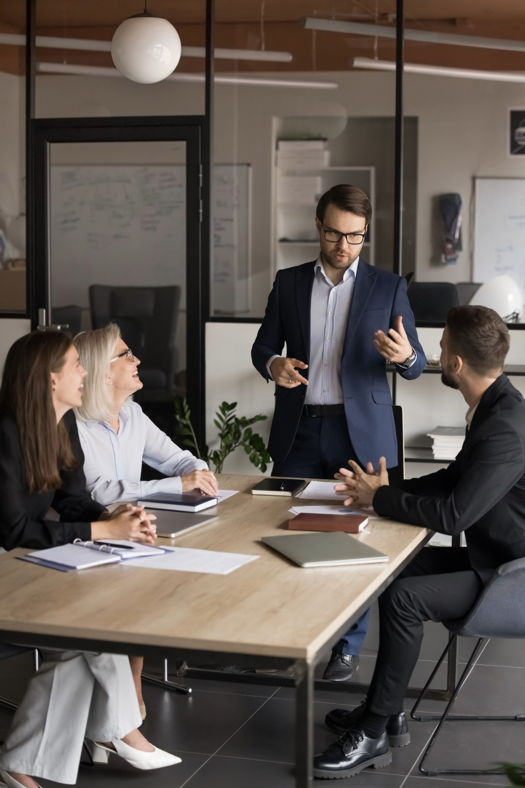Confident team member presenting