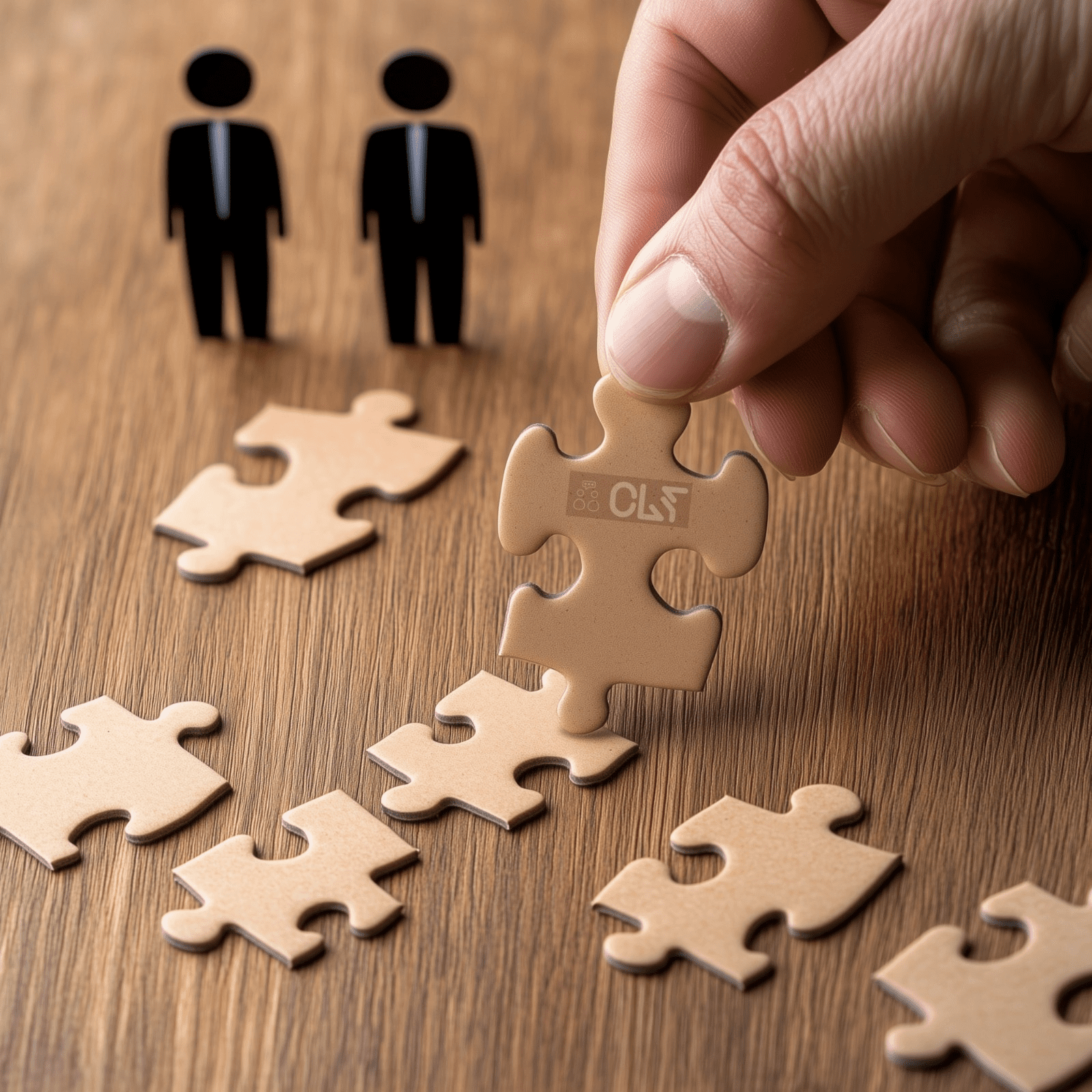 Business and teamwork: human hands connecting the last puzzle piece, symbolizing collaboration, leadership, and building a successful team